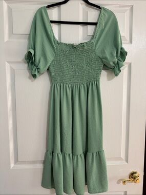 Sage Green Smocked Midi Dress with Puff Sleeves